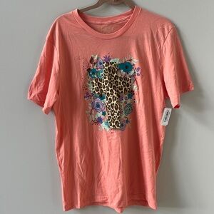 Coral Graphic T-Shirt with Leopard Print Cross